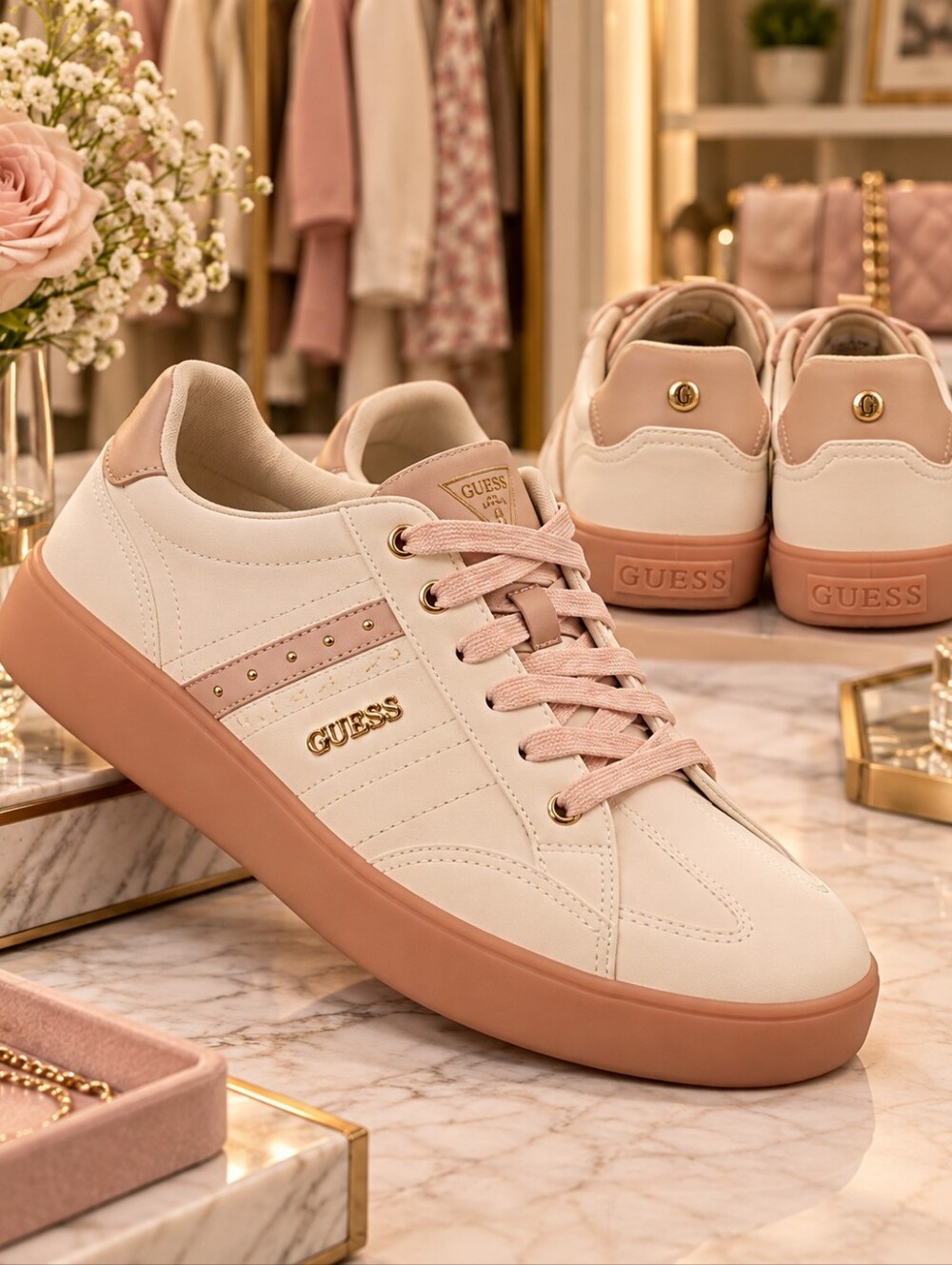 GUESS Women’s Sneakers Size 11 White Blush Pink Gold NWOT
